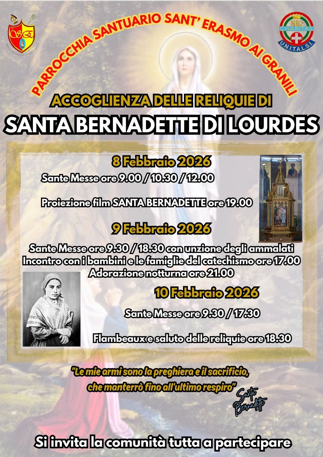 Le reliquie di santa Bernadette di Lourdes ai Granili