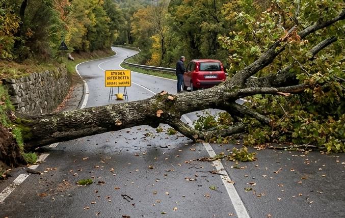 Albero caduto su una strada - immagine generata da IA
